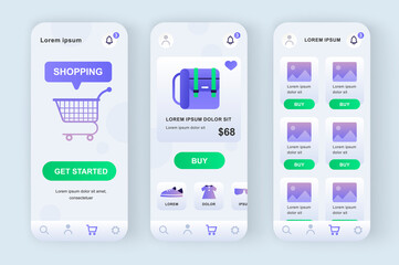 Online shopping solution unique neomorphic design kit. Shopping app with product photo, description and price. Internet marketplace platform UI, UX template set. GUI for responsive mobile application.