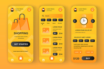 Shopping solution unique yellow neomorphic design kit. Shopping app for online auction with photo, description and price. Internet store UI, UX template set. GUI for responsive mobile application.