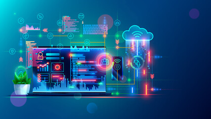 Leinwandbilder - Software development, web coding on laptop. synchronization work data with cloud storage. Programming applications concept. Website design, coding, optimization for phone. remote work in home office.