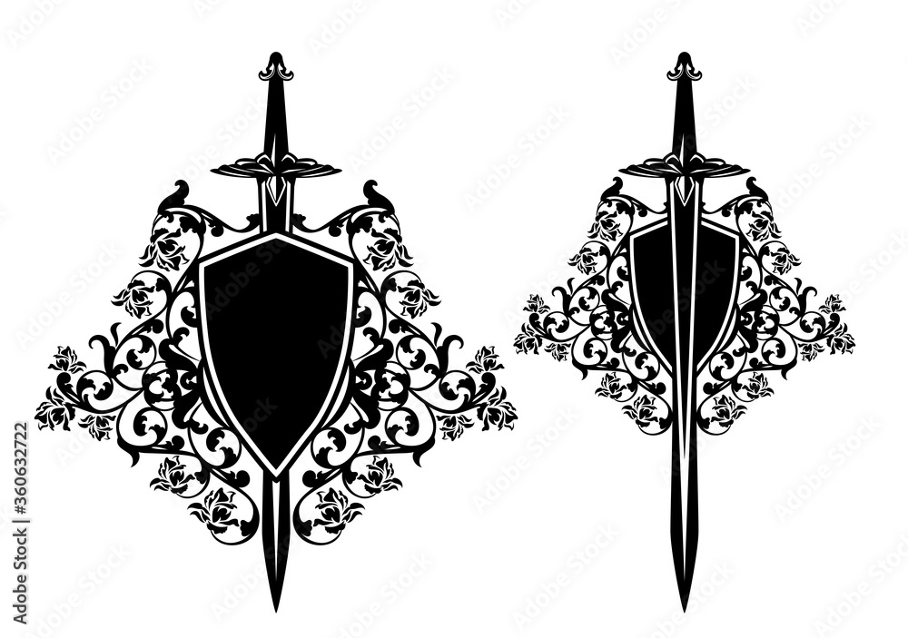 medieval style coat of arms with knight sword, heraldic shield and rose ...