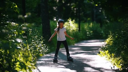 a girl in helmet skating in the park on her rollers