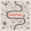 © Ansty art - Camping map in vintage style with lettering. Hand-drawn vector illustration. A tourist route for a trip to nature. Stylized map with symbols and places to travel for the weekend.