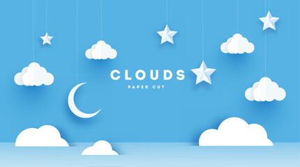 Fluffy clouds on blue sky background with moon, stars and clouds. Vector illustration. Paper cut style. Place for text.
