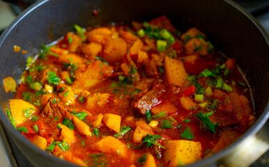 Cooked meat sauce in a pan