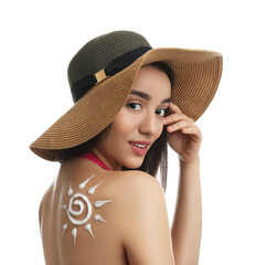 Wall Mural - Young woman with sun protection cream on her back against white background