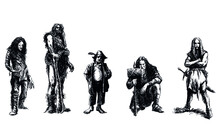 Set Of Fantasy Characters - Black And White Vector Illustration