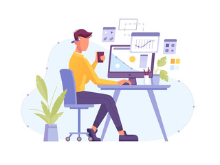 Aufkleber - Designer at work in design studio working at computer with digital pen and tablet. Graphic designer or creative artist illustrator and artwork creator drawing design, freelancer man at desktop