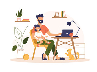 Aufkleber - Father work home with laptop, freelance online office, remote internet work, vector flat illustration. Man at home online work sitting with computer and child on knees, freelancer or social isolation