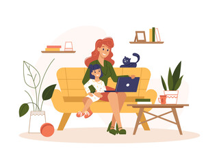 Aufkleber - Mother work home with laptop, freelance online office, remote internet work, vector flat illustration. Woman at home online work sitting with computer and child on knees, freelancer or social