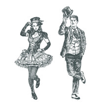 Dance Greeting Of Man And Woman. Art Deco And Nouveau Lady And Gentleman Takes Off Their Top Hats.Vector Illustration, Vintage Engraved Style