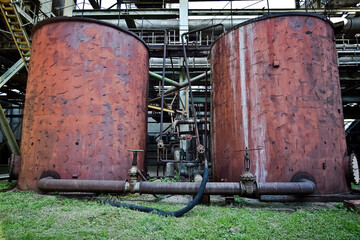 Daytime general view of two tanks for cooling at power plants. General view of the tank for cooling. General view of the water tanks.