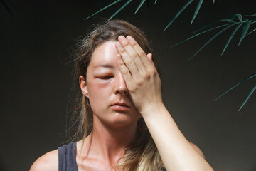 Young caucasian woman with a swollen eye from a wasp's sting. Allergy reaction on wasp bite.