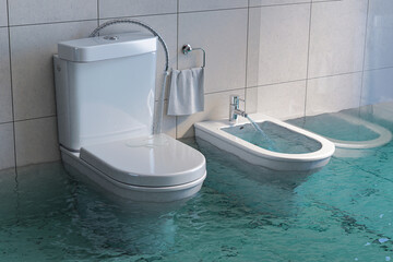 Broken toilet and bidet overflowing.