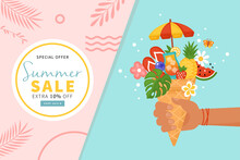 Summer Creative Concept With Hand Holding Ice Cream Waffle Cone And Summer Elements. Flat Style Cartoon Vector Illustration