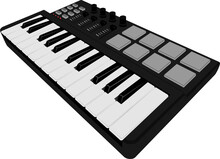 Musical Instrument MIDI Keyboard With Pads. Buttons, Setting Knobs And Keys. Vector.
