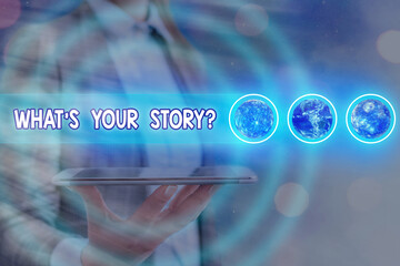 Fototapete - Word writing text What S Your Story Question. Business photo showcasing Share or tell us your life experiences and success Futuristic icons solar system. Elements of this image furnished by NASA