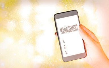 Poster - Handwriting text writing Management. Conceptual photo the authoritative act of directing or controlling things Modern gadgets with white display screen under colorful bokeh background