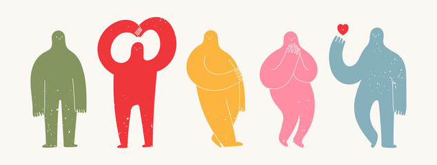 set of various strange creatures or people or persons with long arms and small heads. cute dispropor