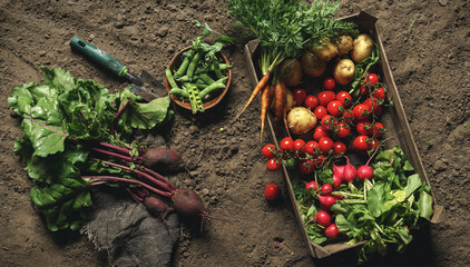 Wall Mural - Fresh vegetables, potato, radish, tomato, carrot, beetroot in wooden box on ground on farm at sunset. Freshly bunch harvest. Healthy organic food, agriculture, top view