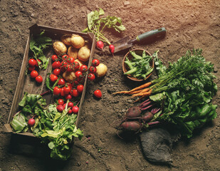 Fresh vegetables, potato, radish, tomato, carrot, beetroot in wooden box on ground on farm at sunset. Freshly bunch harvest. Healthy organic food, agriculture, top view