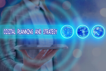 Poster - Word writing text Digital Planning And Strategy. Business photo showcasing business analysis in online marketing channels Futuristic icons solar system. Elements of this image furnished by NASA