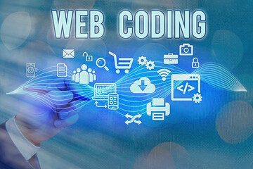 Fototapete - Text sign showing Web Coding. Business photo text a system of symbols and rules used to represent instructions Information digital technology network connection infographic elements icon