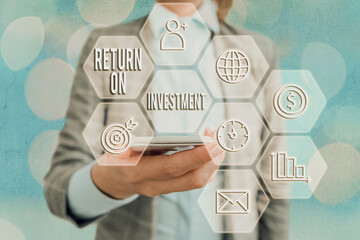 Poster - Text sign showing Return On Investment. Business photo showcasing reviewing a financial report or investment risk analysis