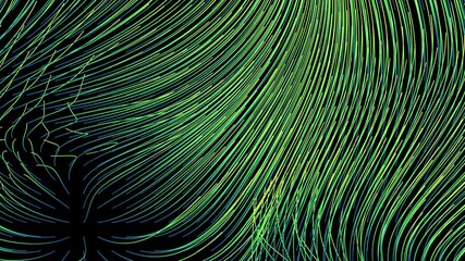 Poster - 3d render of flow field visualization. Lines are curled and turbulence by wind simulation. Scientific concept background.
