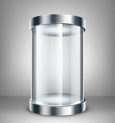 Empty round glass showcase for exhibit. Glass exhibition spot for presentation. Vector illustration