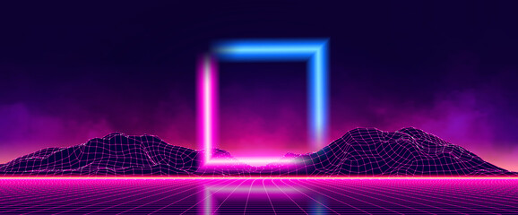 Poster - abstract digital landscape with particles dots and stars on horizon. wireframe landscape background.