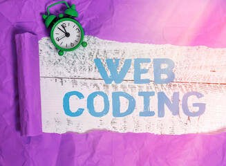 Fototapete - Writing note showing Web Coding. Business concept for a system of symbols and rules used to represent instructions Rolled ripped torn cardboard above a wooden classic table