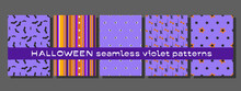 Set Of Five Halloween Seamless Purple Patterns, Vector Illustration