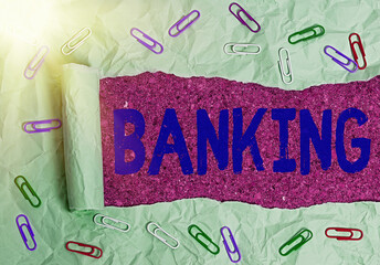 Poster - Text sign showing Banking. Business photo showcasing financial institution licensed to receive deposits and make loans