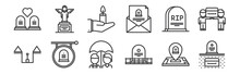12 Set Of Linear Funeral Icons. Thin Outline Icons Such As Grave, Grave, Funeral, Grave, Candle, Angel For Web, Mobile.