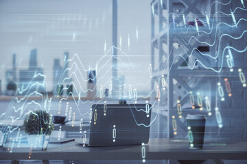 Double exposure of stock market graph drawing and office interior background. Concept of financial analysis.