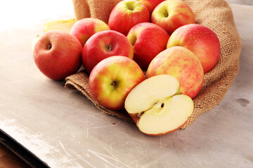 Wall Mural - Ripe red and green apples on  background. Organic fresh apple