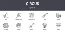 Circus Concept Line Icons Set. Contains Icons Usable For Web, Logo, Ui/ux Such As Caramel Apple, Soda, Platform, Weight, Monkey, Rabbit, Drum, Trapeze Artist