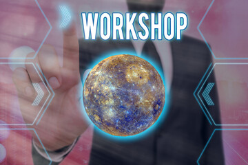 Poster - Handwriting text writing Workshop. Conceptual photo space or a building where the goods are produced or repaired Futuristic icons solar system. Elements of this image furnished by NASA