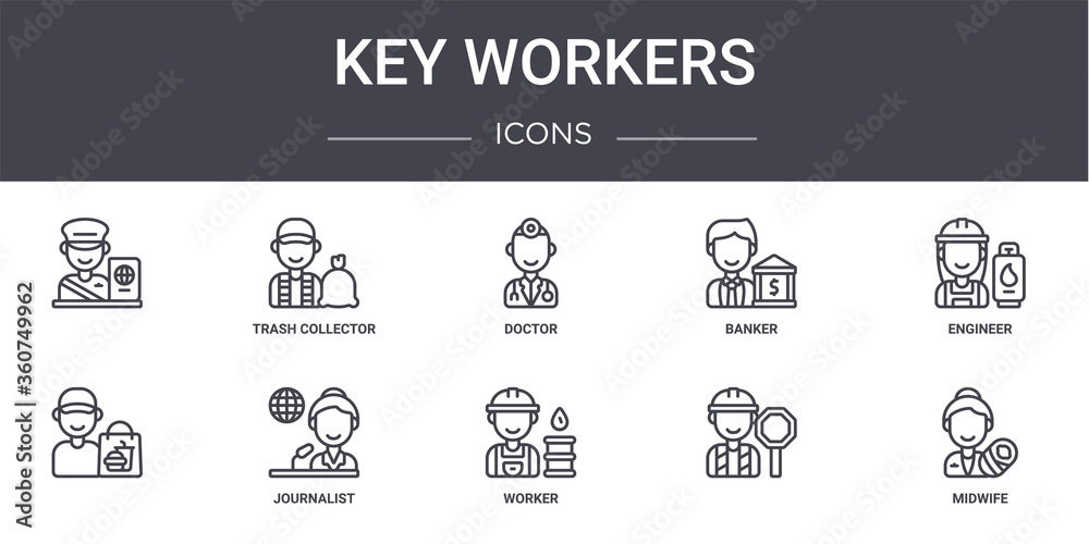 key workers concept line icons set. contains icons usable for web, logo, ui/ux such as trash collector, banker, , worker, midwife, engineer, - obrazy, fototapety, plakaty 