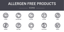 Allergen Free Products Concept Line Icons Set. Contains Icons Usable For Web, Logo, Ui/ux Such As Lactose Free, Fat Free, Genome, Dust, No Alcohol, Peanut, Drink, Fat