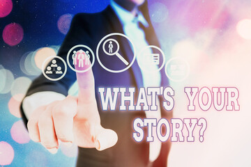 Fototapete - Conceptual hand writing showing What S Your Story Question. Concept meaning Share or tell us your life experiences and success Information digital technology network infographic elements