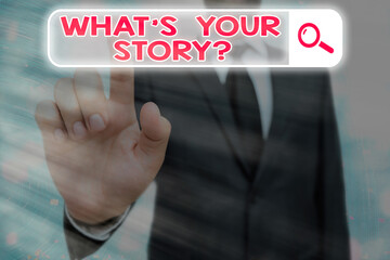 Fototapete - Conceptual hand writing showing What S Your Story Question. Concept meaning Share or tell us your life experiences and success Web search digital futuristic technology network connection