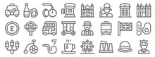 England Line Icons. Linear Set. Quality Vector Line Set Such As Queen, Stonehenge, Tea Cup, Street Lights, Union Jack, Double Decker Bus, Westminster, Cathedral, Beer