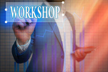 Poster - Text sign showing Workshop. Business photo showcasing space or a building where the goods are produced or repaired Ascending growth trends movement performance financial chart status report