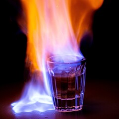 Poster - Closeup shot of flaming vodka in glass on dark background