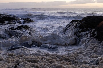 Poster - Closeup shot of the waves of the ocean on the rocks of the beach