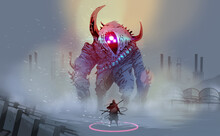 Digital Illustration Painting Design Style A Warrior With A Giant Monster In Blizzard Against Abandoned Factories.