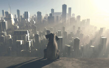 Sitting Elephant Looking At A Big City During Sunset . Industrialization And Global Warming Concept. This Is A 3d Render Illustration . .
