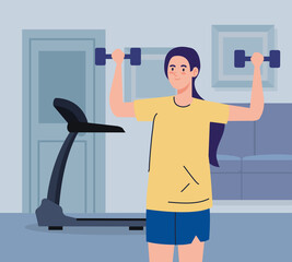 Wall Mural - exercise at home, woman practicing sport, using the house as a gym vector illustration design