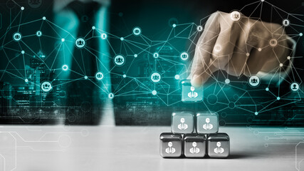 People network and global creative communication concept. Business people with modern graphic interface of community linking many people around world by social media to connect international business.